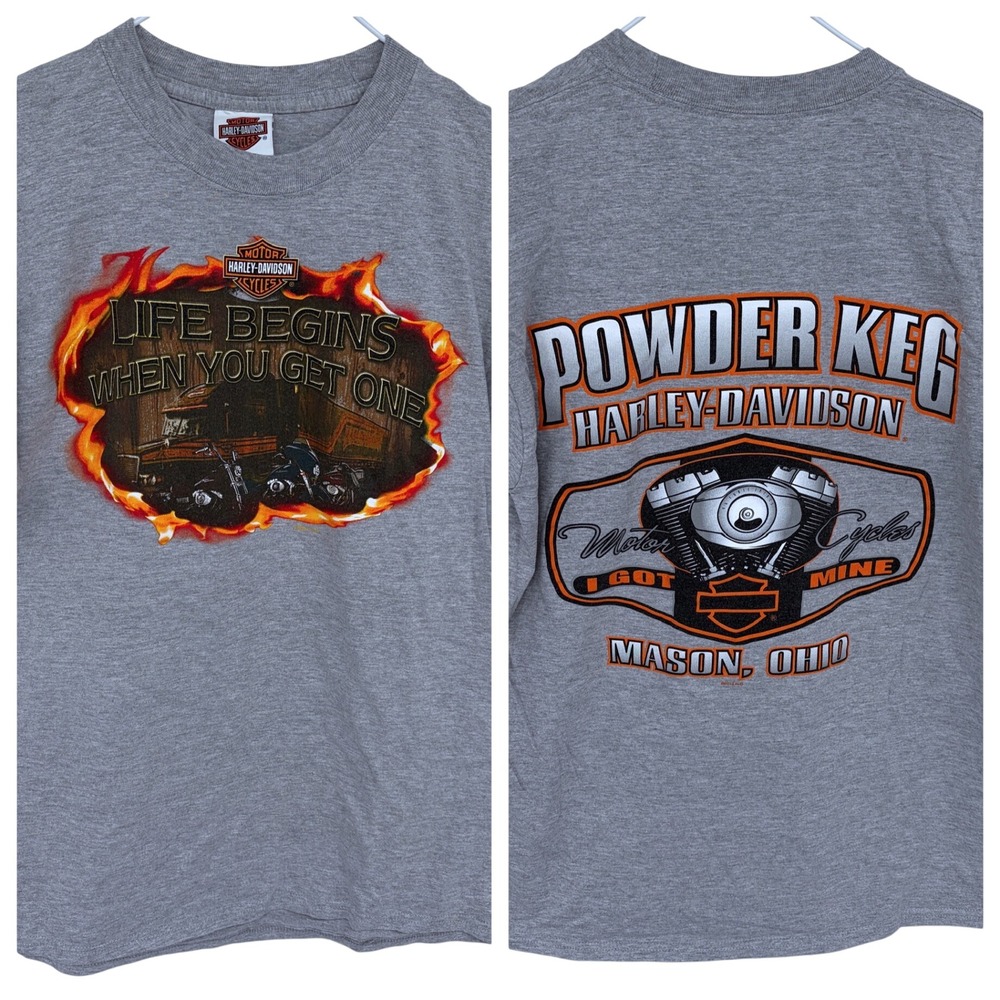 Gray Harley Davidson Motorcycles Graphic T Shirt Medium Flames Biker Powder‎ Keg